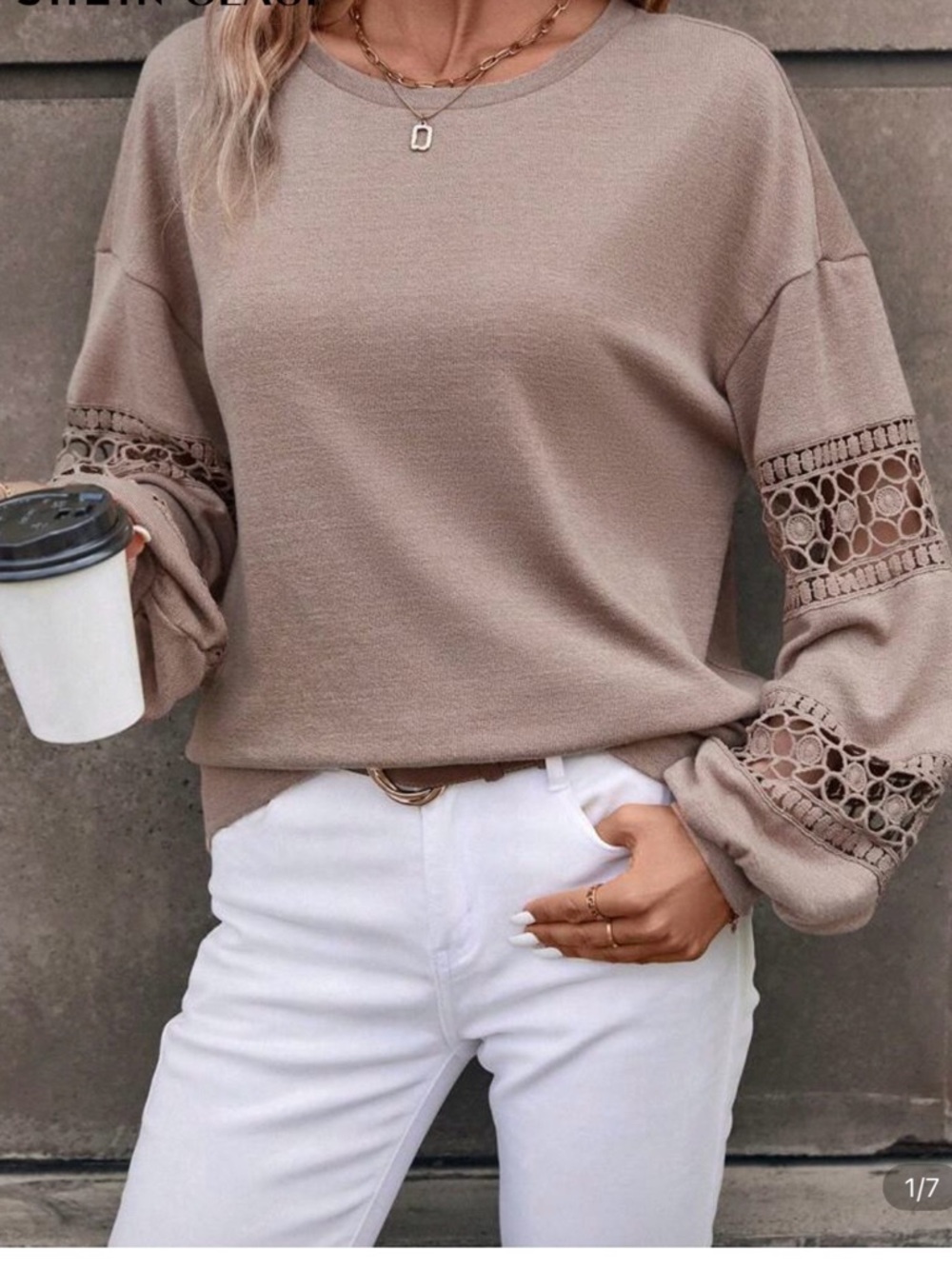 Women’s  Bohemian Lace Chic Lantern Sleeves Sweater Top Mocha Brown Medium